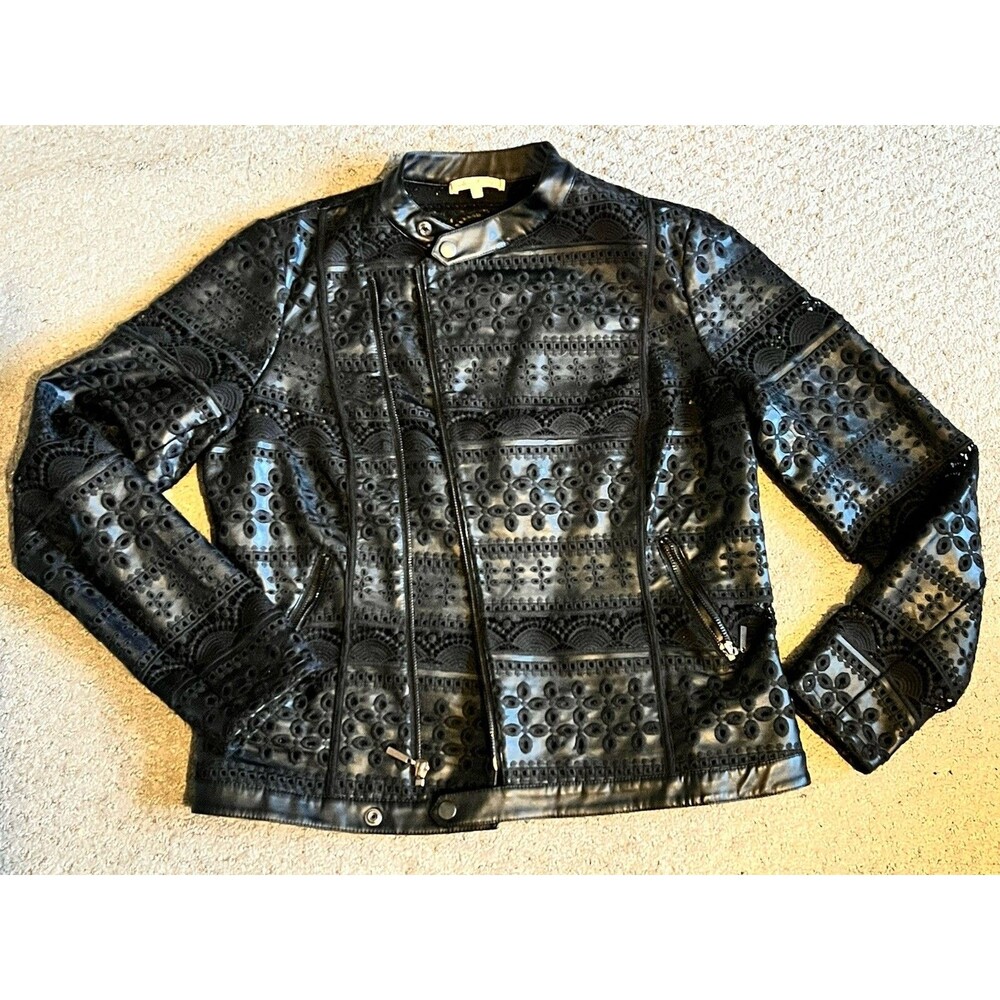 Willow & Clay Black Faux Leather Crochet Moto Jacket Size L